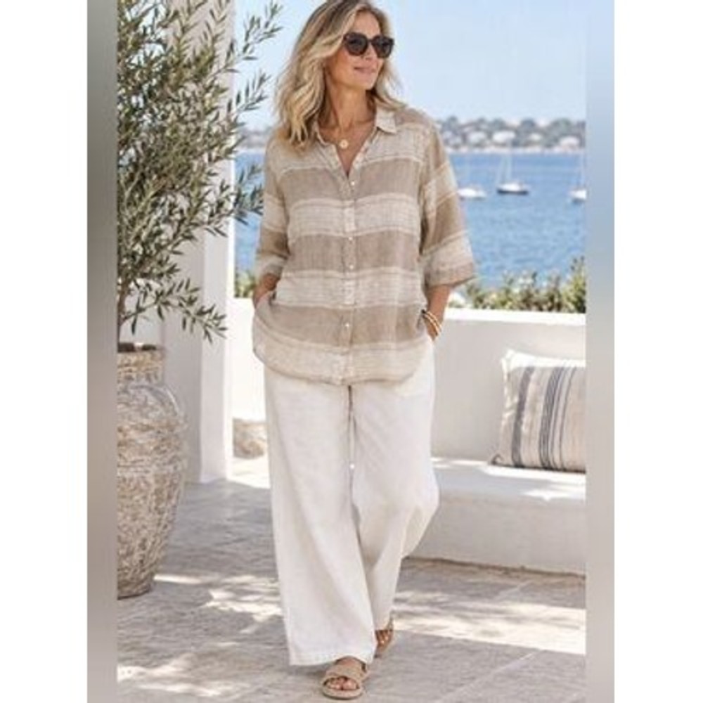 Chico's Linen Striped Tunic Shirt Size 2 Large Beige Coastal Lagenlook